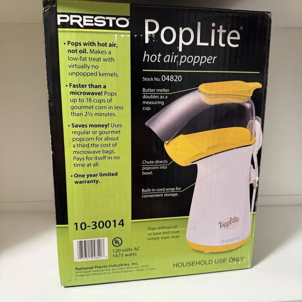 Presto 04820 Poplite Hot Air Popcorn Maker Popper Brand New 18 Cup Electric
